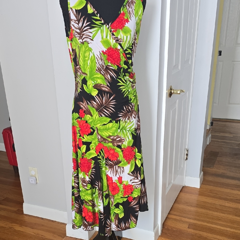 Tropical Floral Midi Dress - Black with Green & Red